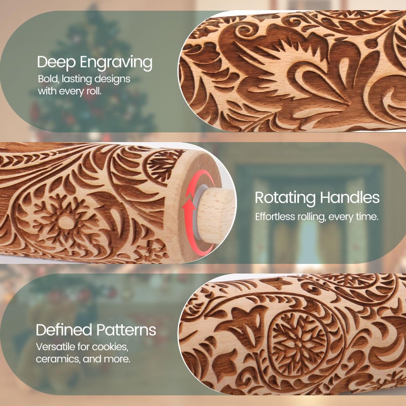 Big Role Embossed Rolling Pin for Baking Cookies Christmas Embossing Rolling Pins with Design Wooden Engraved Springerle Roller Pin Dough Patterned Clay Pottery Ceramic Bakers Women (Flower Snowflake Paisley) - Image 3